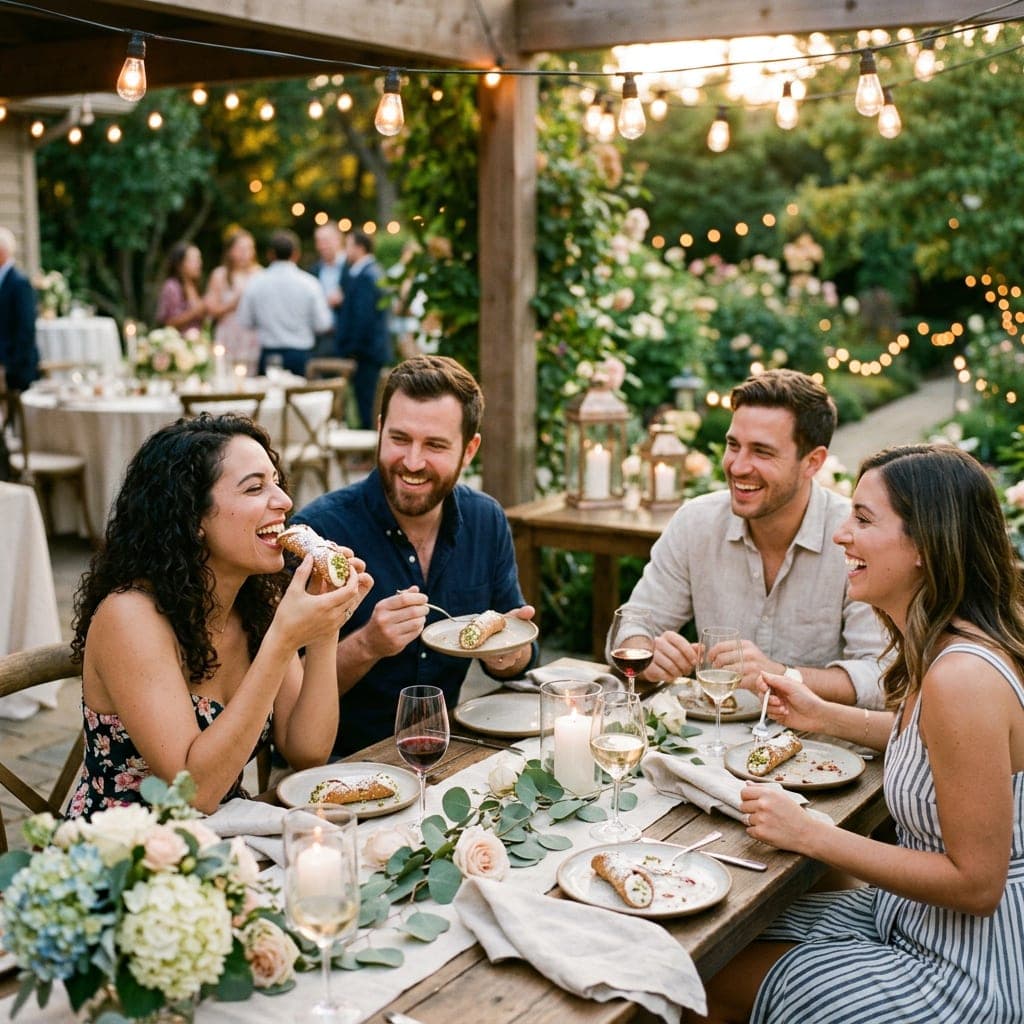 Friends enjoying cannoli at a backyard birthday party