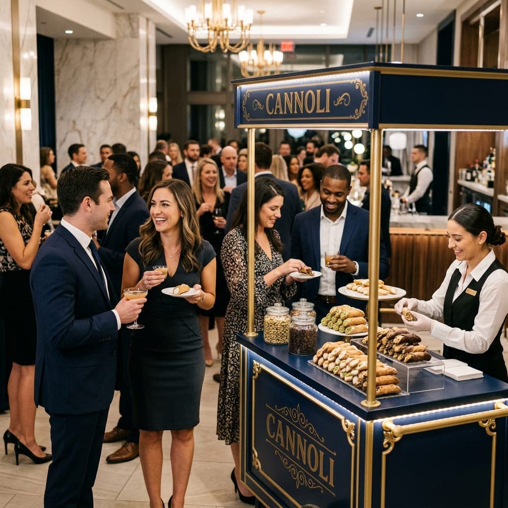 Guests at a corporate reception choosing fresh cannoli from a tray