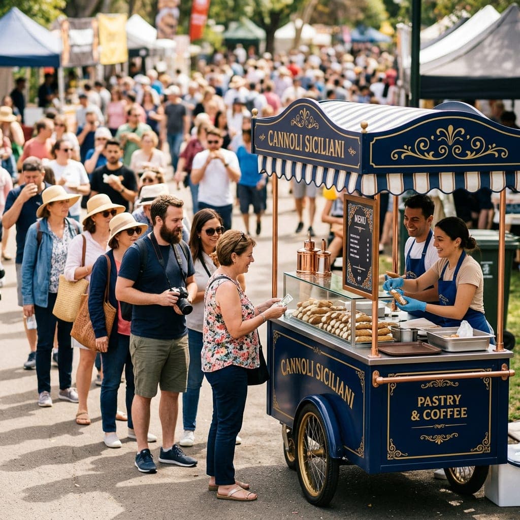 A busy festival crowd gathered around the Cannoli Bros team