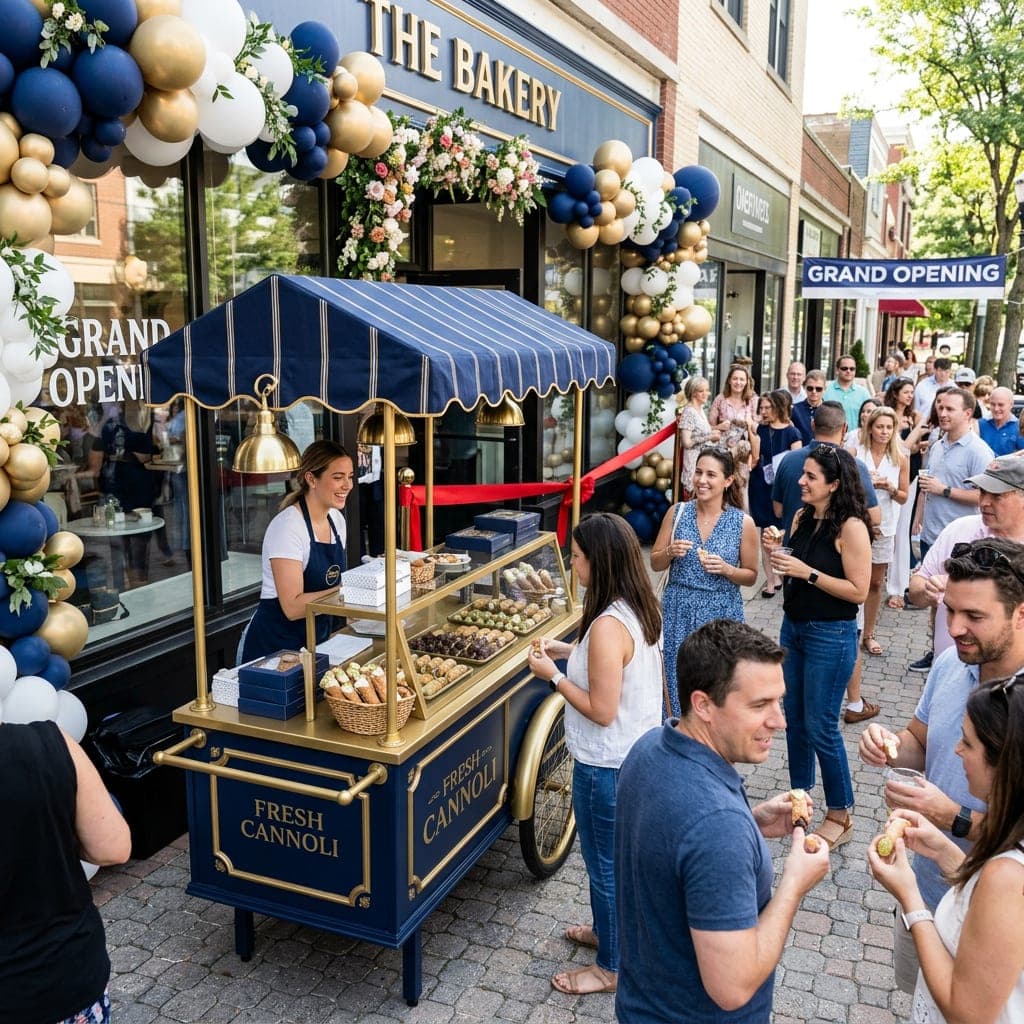 Cannoli Bros serving from trays outside a storefront during a grand opening