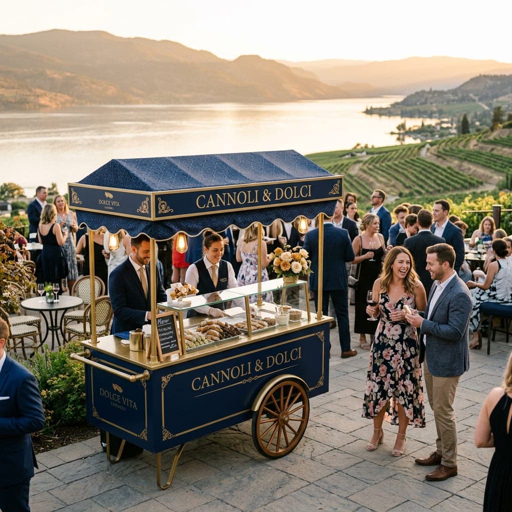 Fresh cannoli served on a winery patio overlooking Okanagan Lake and vineyards